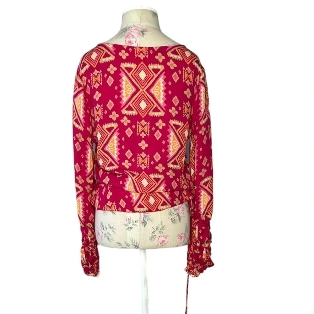 Tory Burch Geometric Silk Long Sleeve Blouse, Pink & Orange, Size 4